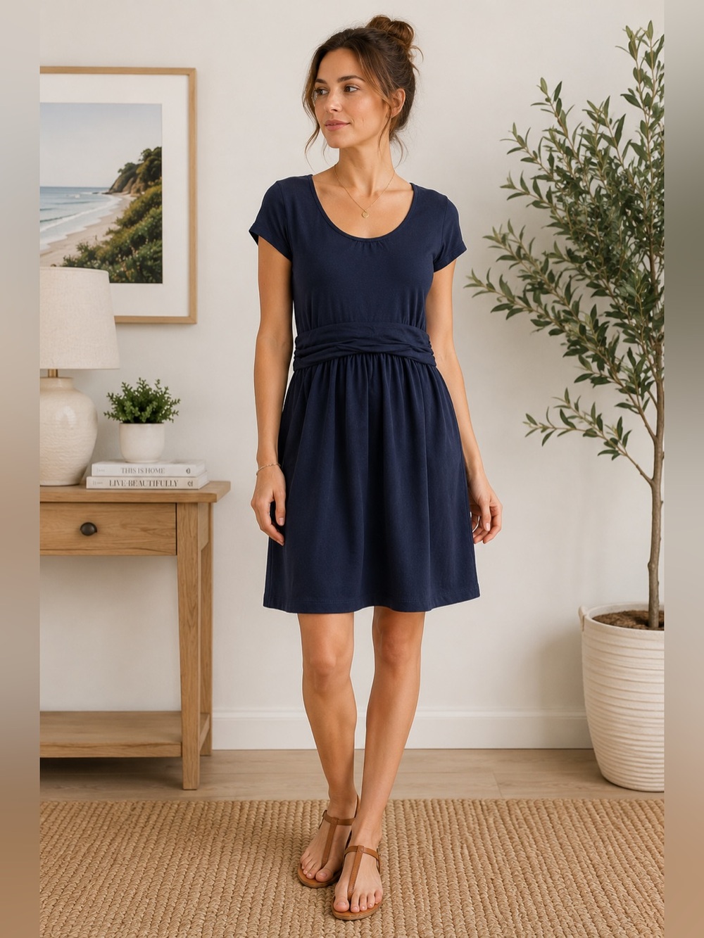 Boden Navy Pocket Dress US 10P Cotton Modal Knit Casual Career Midi Dress
